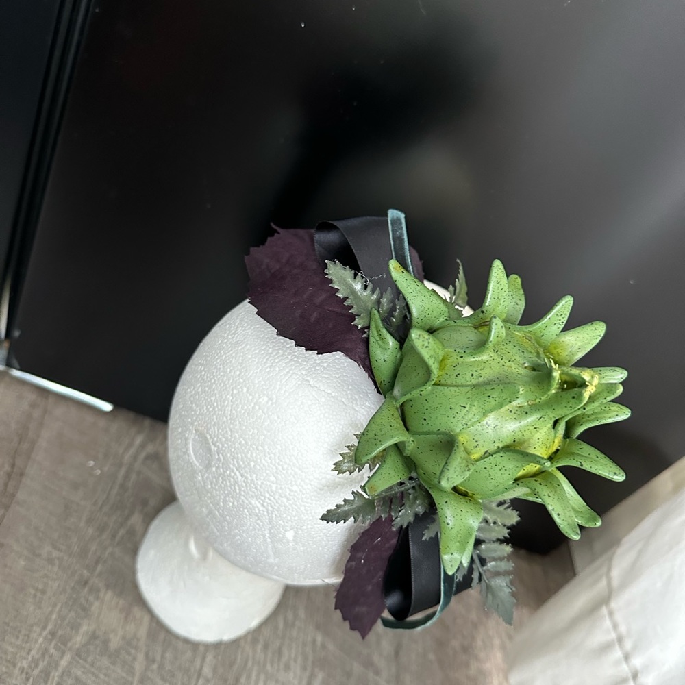 Handmade Designer Fascinator Headband Black Green Purple Thistle Artichoke Bow - Picture 4 of 16